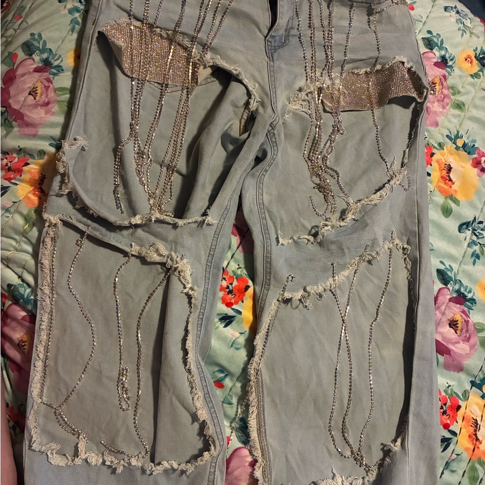 Edge Distressed Flare Jeans with diamond Accents